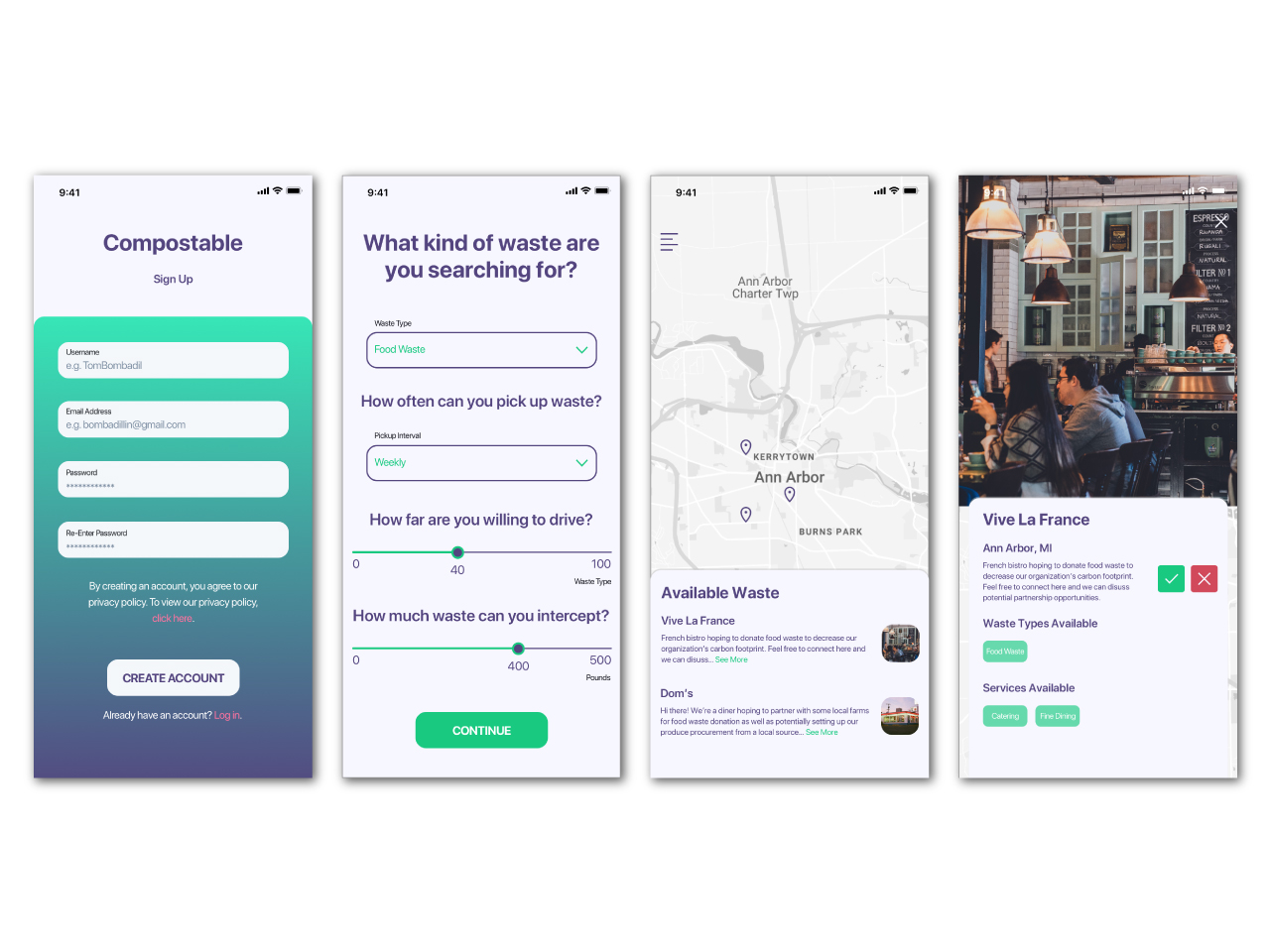 Four mockups of the Compostable app